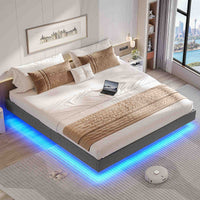 ES.SIKAIC Camas Gris / 160 x 200CM / Madera de ingeniería Cama Flotante con Luces LED y Somier de Láminas Gris