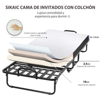 ES.SIKAIC Camas Negro / Metal / Moderno Cama Plegable de 90x200 cm en Metal con Colchón y Ruedas Negro