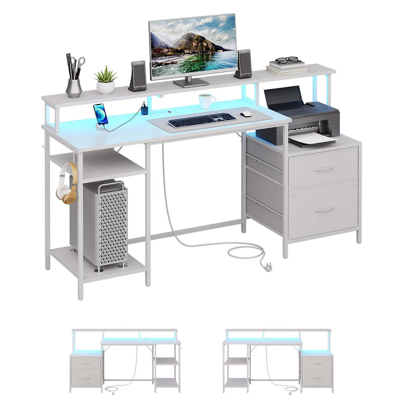 ES.SIKAIC Escritorio para juegos Blanco / Madera de ingeniería / Moderno Escritorio para computadora con luz LED para juegos, 2 cajones y toma de corriente, estante para impresora y soporte para monitor, 2 ganchos, estantes ajustables en color Blanco