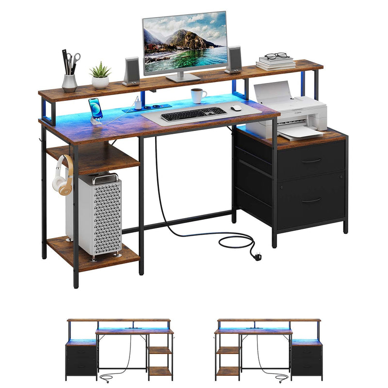 ES.SIKAIC Escritorio para juegos Blanco / Madera de ingeniería / Moderno Escritorio para computadora con luz LED para juegos, 2 cajones y toma de corriente, estante para impresora y soporte para monitor, 2 ganchos, estantes ajustables en color marrón
