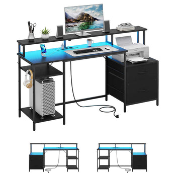 ES.SIKAIC Escritorio para juegos Negro / Madera de ingeniería / Moderno Escritorio para computadora con luz LED para juegos, 2 cajones y toma de corriente, estante para impresora y soporte para monitor, 2 ganchos, estantes ajustables en color Negro