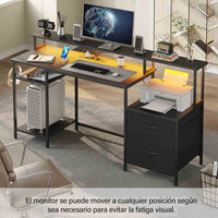 ES.SIKAIC Escritorio para juegos Negro / Madera de ingeniería / Moderno Escritorio para computadora con luz LED para juegos, 2 cajones y toma de corriente, estante para impresora y soporte para monitor, 2 ganchos, estantes ajustables en color Negro