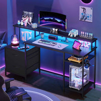 ES.SIKAIC Escritorio para juegos Negro / Madera de ingeniería / Moderno Escritorio para computadora con luz LED para juegos, 2 cajones y toma de corriente, estante para impresora y soporte para monitor, 2 ganchos, estantes ajustables en color Negro