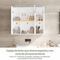 ES.SIKAIC Espejo Gabinete Blanco / Madera de ingeniería / Moderno Espejo Gabinete de 70cm con 3 Puertas Espejo de Baño y 3 Estantes Ajustable Blanco
