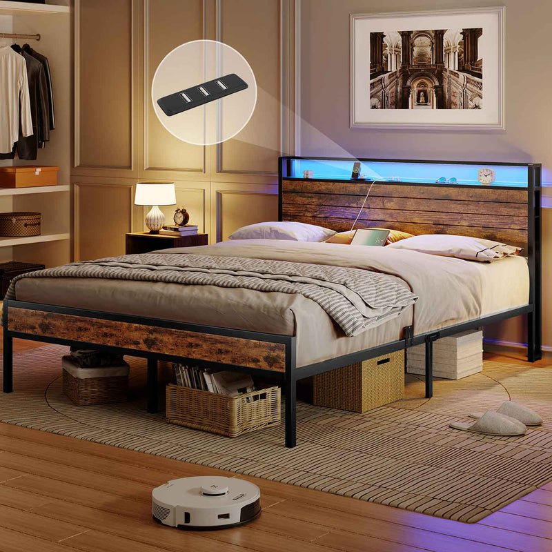 ES.SIKAIC Marco de cama Marrón / 140 cm × 190 cm / Madera de ingeniería Estructura de cama de metal de 140/160 cm con 3 puertos USB y cabecero con iluminación LED para dormitorio marrón