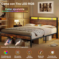 ES.SIKAIC Marco de cama Estructura de cama de metal de 140/160 cm con 3 puertos USB y cabecero con iluminación LED para dormitorio marrón