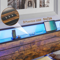 ES.SIKAIC Marco de cama Estructura de cama de metal de 140/160 cm con 3 puertos USB y cabecero con iluminación LED para dormitorio marrón