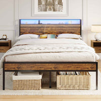 ES.SIKAIC Marco de cama Estructura de cama de metal de 140/160 cm con 3 puertos USB y cabecero con iluminación LED para dormitorio marrón