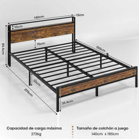 ES.SIKAIC Marco de cama Estructura de cama de metal de 140/160 cm con 3 puertos USB y cabecero con iluminación LED para dormitorio marrón