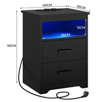 ES.SIKAIC Mesita de noche Negro / Madera de ingeniería / Moderno Juego de Dos Mesitas de Noche con Iluminación LED Estación de Carga y 2 Cajones Negro