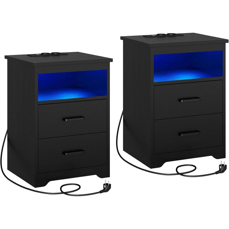 ES.SIKAIC Mesita de noche Negro / Madera de ingeniería / Moderno Juego de Dos Mesitas de Noche con Iluminación LED Estación de Carga y 2 Cajones Negro