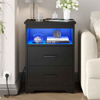 ES.SIKAIC Mesita de noche Negro / Madera de ingeniería / Moderno Juego de Dos Mesitas de Noche con Iluminación LED Estación de Carga y 2 Cajones Negro