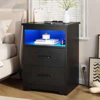 ES.SIKAIC Mesita de noche Negro / Madera de ingeniería / Moderno Juego de Dos Mesitas de Noche con Iluminación LED Estación de Carga y 2 Cajones Negro