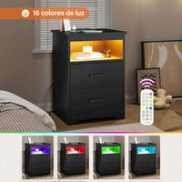 ES.SIKAIC Mesita de noche Negro / Madera de ingeniería / Moderno Juego de Dos Mesitas de Noche con Iluminación LED Estación de Carga y 2 Cajones Negro