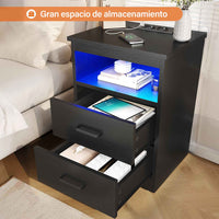 ES.SIKAIC Mesita de noche Negro / Madera de ingeniería / Moderno Juego de Dos Mesitas de Noche con Iluminación LED Estación de Carga y 2 Cajones Negro