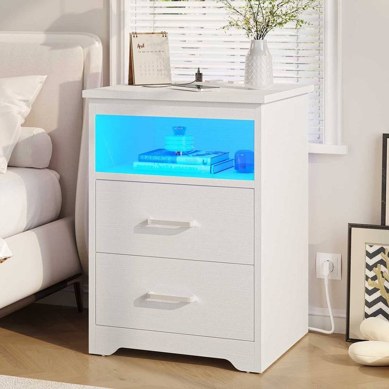 ES.SIKAIC Mesita de noche Blanco / Madera de ingeniería / Moderno Mesilla de noche con iluminación LED y estación de carga para dormitorio en color blanco