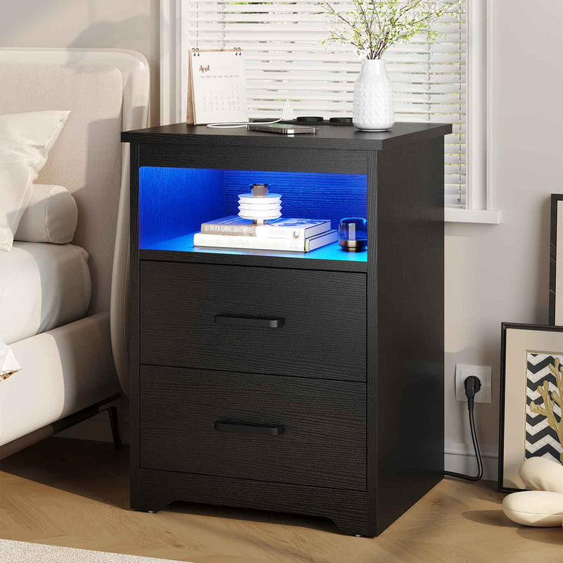 ES.SIKAIC Mesita de noche Negro / Madera de ingeniería / Moderno Mesilla de noche con iluminación LED y estación de carga para dormitorio en color negro