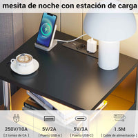 ES.SIKAIC Mesita de noche Negro / Madera de ingeniería / Moderno Mesita de noche LED con estación de carga y memoria abierta y 2 cajones para dormitorio negro