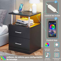 ES.SIKAIC Mesita de noche Negro / Madera de ingeniería / Moderno Mesita de noche LED con estación de carga y memoria abierta y 2 cajones para dormitorio negro