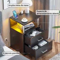 ES.SIKAIC Mesita de noche Negro / Madera de ingeniería / Moderno Mesita de noche LED con estación de carga y memoria abierta y 2 cajones para dormitorio negro