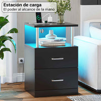 ES.SIKAIC Mesita de noche Negro / Madera de ingeniería / Moderno Mesita de noche LED con estación de carga y memoria abierta y 2 cajones para dormitorio negro