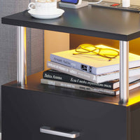 ES.SIKAIC Mesita de noche Negro / Madera de ingeniería / Moderno Mesita de noche LED con estación de carga y memoria abierta y 2 cajones para dormitorio negro