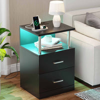 ES.SIKAIC Mesita de noche Negro / Madera de ingeniería / Moderno Mesita de noche LED con estación de carga y memoria abierta y 2 cajones para dormitorio negro