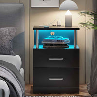 ES.SIKAIC Mesita de noche Negro / Madera de ingeniería / Moderno Mesita de noche LED con estación de carga y memoria abierta y 2 cajones para dormitorio negro