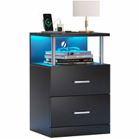 ES.SIKAIC Mesita de noche Negro / Madera de ingeniería / Moderno Mesita de noche LED con estación de carga y memoria abierta y 2 cajones para dormitorio negro