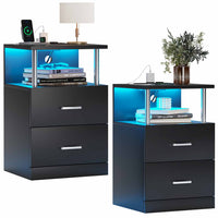 ES.SIKAIC Mesita de noche Negro / Madera de ingeniería / Moderno Mesita de noche LED con estación de carga y memoria abierta y 2 cajones para dormitorio negro