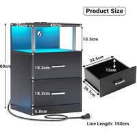 ES.SIKAIC Mesita de noche Negro / Madera de ingeniería / Moderno Mesita de noche LED con estación de carga y memoria abierta y 2 cajones para dormitorio negro