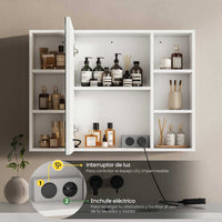 ES.SIKAIC Espejo Gabinete Blanco / Madera de ingeniería / Moderno Mueble con Espejo para Baño con Iluminación LED y Enchufes 4 Estantes Abiertos Blanco