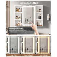 ES.SIKAIC Espejo Gabinete Blanco / Madera de ingeniería / Moderno Mueble con Espejo para Baño con Iluminación LED y Enchufes 4 Estantes Abiertos Blanco