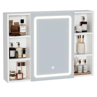 ES.SIKAIC Espejo Gabinete Blanco / Madera de ingeniería / Moderno Mueble con Espejo para Baño con Iluminación LED y Enchufes 4 Estantes Abiertos Blanco