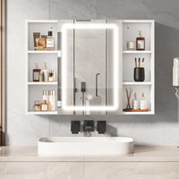 ES.SIKAIC Espejo Gabinete Blanco / Madera de ingeniería / Moderno Mueble con Espejo para Baño con Iluminación LED y Enchufes 4 Estantes Abiertos Blanco