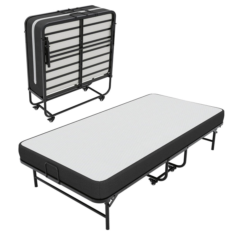 ES.SIKAIC Marco de cama Negro / Metal / Moderno PREVENTA Cama de invitados de metal resistente, plegable y duradera de 90 x 200 cm con colchón de espuma de 10 cm de grosor Sikaic Estructura de cama plegable 90-200cm negro