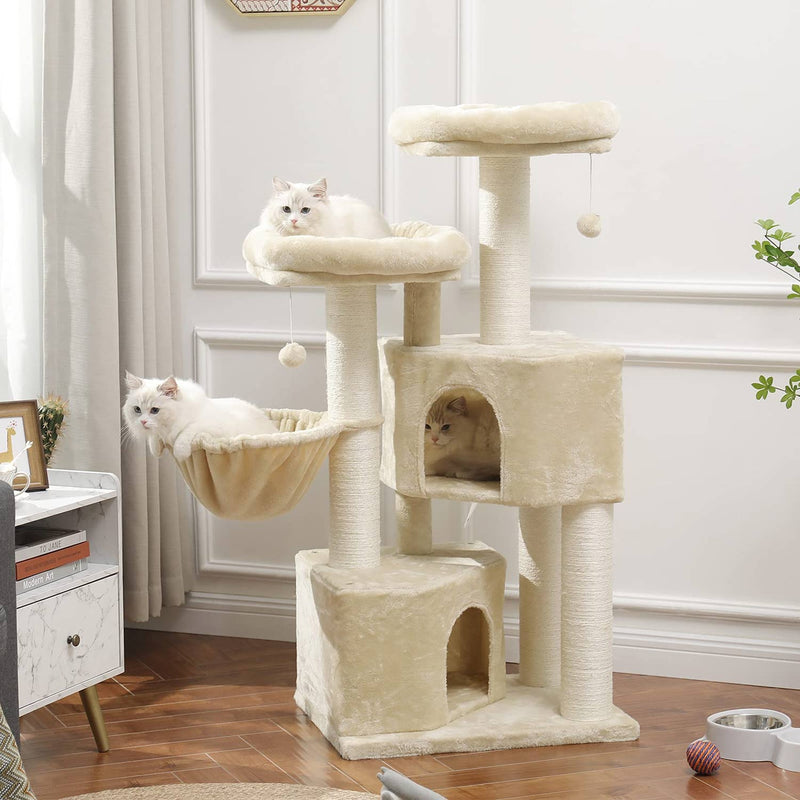 ES.SIKAIC Árboles para gatos Beige / Tejidos de felpa / Moderno Rascador grande para gatos con 2 miradores Beige