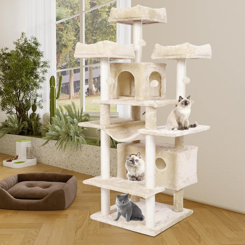 ES.SIKAIC Árboles para gatos Beige / Madera de ingeniería / Moderno Rascador para gatos de 175 cm de alto con 3 grandes plataformas de observación en color beige
