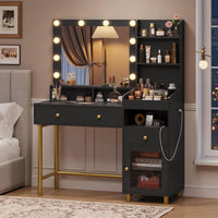 ES.SIKAIC Tocador de maquillaje Negro / Madera de ingeniería / Moderno Tocador con espejo e iluminación en 3 colores, estación de carga y 3 compartimentos de almacenamiento en color Negro