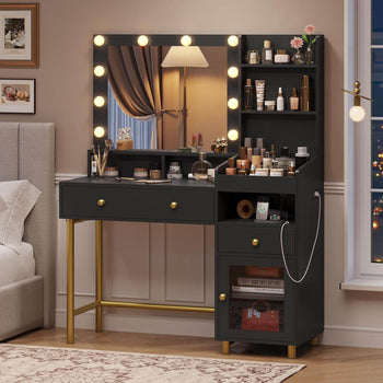 ES.SIKAIC Tocador de maquillaje Negro / Madera de ingeniería / Moderno Tocador con espejo e iluminación en 3 colores, estación de carga y 3 compartimentos de almacenamiento en color Negro