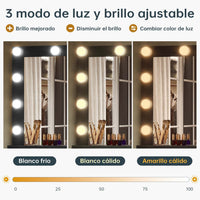 ES.SIKAIC Tocador de maquillaje Negro / Madera de ingeniería / Moderno Tocador con espejo e iluminación en 3 colores, estación de carga y 3 compartimentos de almacenamiento en color Negro