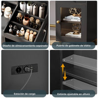 ES.SIKAIC Tocador de maquillaje Negro / Madera de ingeniería / Moderno Tocador con espejo e iluminación en 3 colores, estación de carga y 3 compartimentos de almacenamiento en color Negro