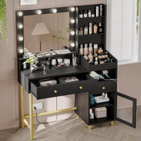 ES.SIKAIC Tocador de maquillaje Negro / Madera de ingeniería / Moderno Tocador con espejo e iluminación en 3 colores, estación de carga y 3 compartimentos de almacenamiento en color Negro