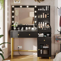 ES.SIKAIC Tocador de maquillaje Negro / Madera de ingeniería / Moderno Tocador con espejo e iluminación en 3 colores, estación de carga y 3 compartimentos de almacenamiento en color Negro