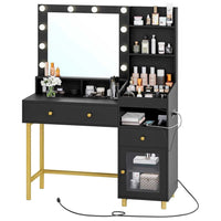 ES.SIKAIC Tocadores Negro / Madera de ingeniería / Moderno Tocador con espejo e iluminación en 3 colores, estación de carga y 3 compartimentos de almacenamiento en color Negro