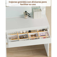 ES.SIKAIC Tocadores Blanco / Madera de ingeniería / Moderno Tocador con Espejo Grande e Iluminación Ajustable y Cajón con Divisores Ajustables Blanco