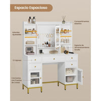 ES.SIKAIC Tocadores Blanco / Madera de ingeniería / Moderno Tocador con Espejo y Iluminación LED en Brillo Ajustable 5 Cajones Enchufes y Estantes Ajustables Blanco