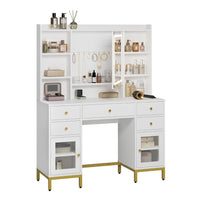 ES.SIKAIC Tocadores Blanco / Madera de ingeniería / Moderno Tocador con Espejo y Iluminación LED en Brillo Ajustable 5 Cajones Enchufes y Estantes Ajustables Blanco