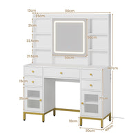 ES.SIKAIC Tocadores Blanco / Madera de ingeniería / Moderno Tocador con Espejo y Iluminación LED en Brillo Ajustable 5 Cajones Enchufes y Estantes Ajustables Blanco