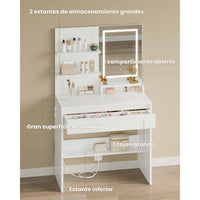 ES.SIKAIC Tocadores Blanco / Madera de ingeniería / Moderno Tocador con Espejo y Luz LED en 3 Colores y Cajón Grande y Estantes Ajustables Blanco